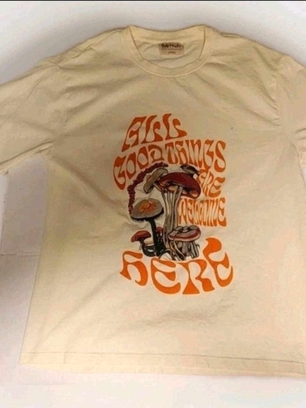 Graphic Mushroom Tee - "All Good Things Are Here" - Cream with Orange Print